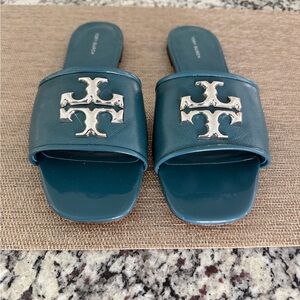Tory Burch Teal Eleanor Slide Sandals with Silver Double-T Emblem